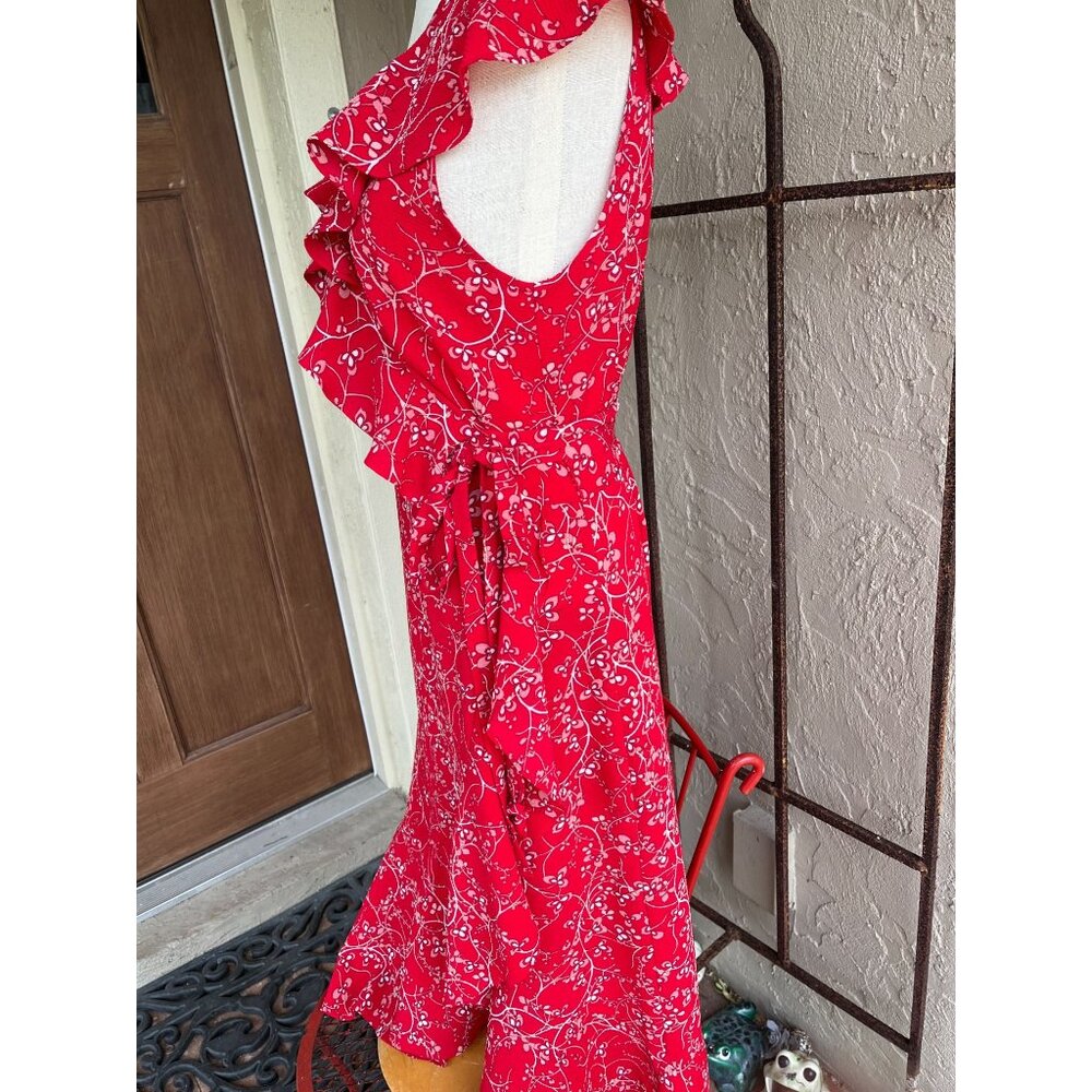 Max Studio Bubble Cream Wrap Dress Size Large Ruffle Sleeveless Red 93615 - Picture 4 of 7